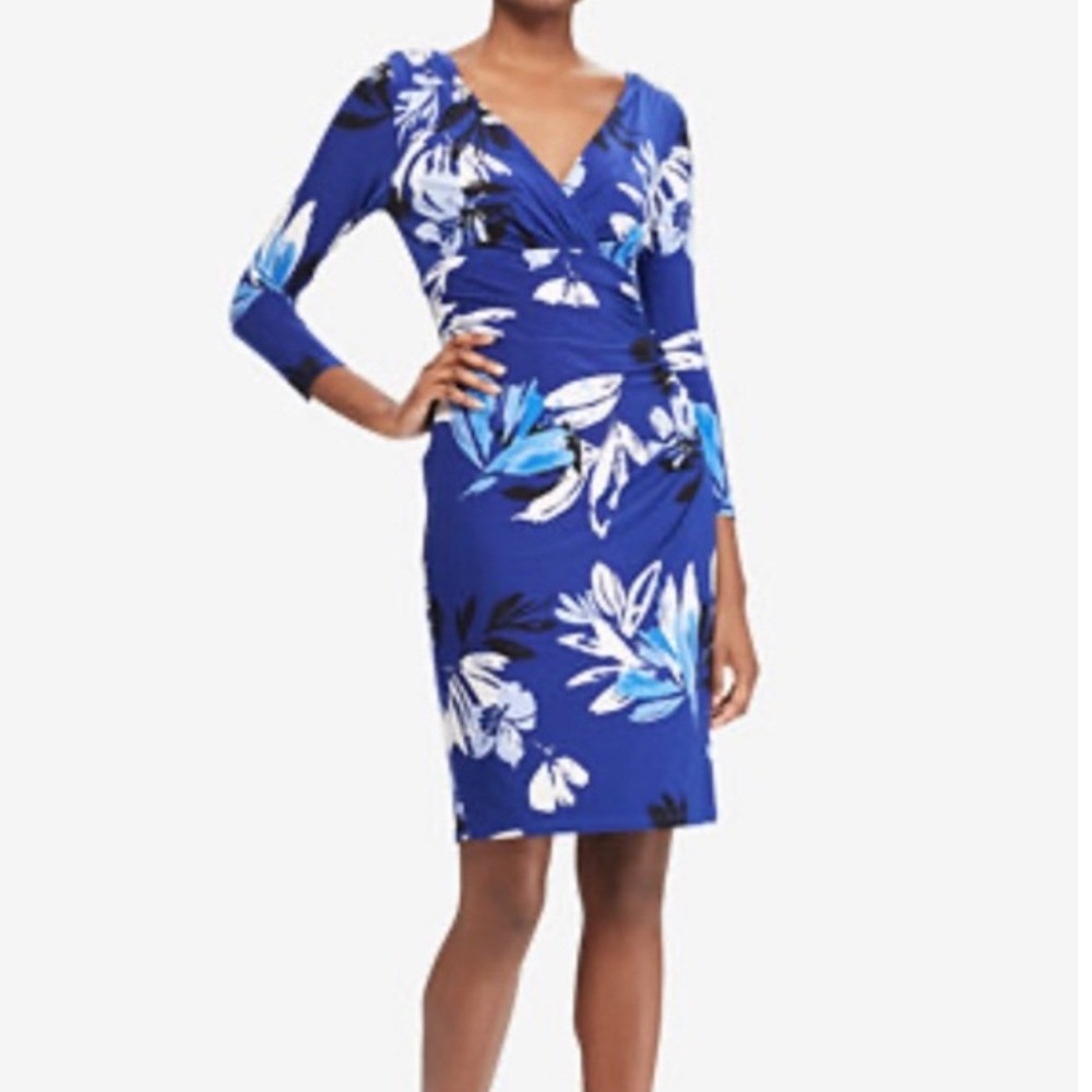 Calvin‎ Klein Blue Floral Faux Wrap Dress CD0AM995 Womens 4 3/4 Sleeve V-Neck